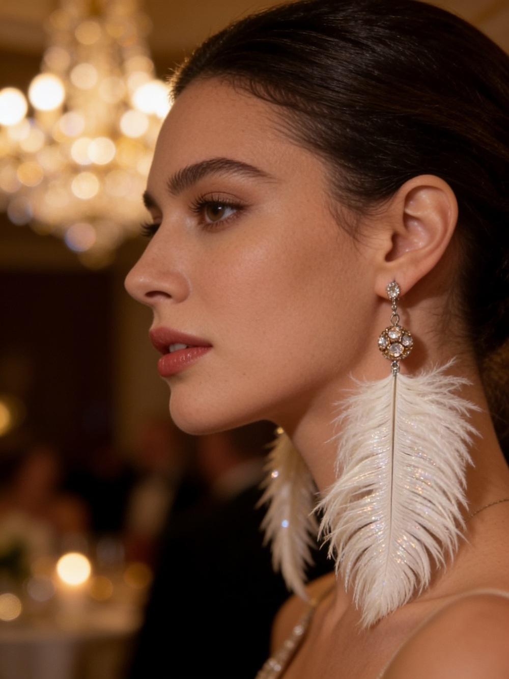 Betsey Johnson White Feather & Crystal Drop Statement Earrings 8”